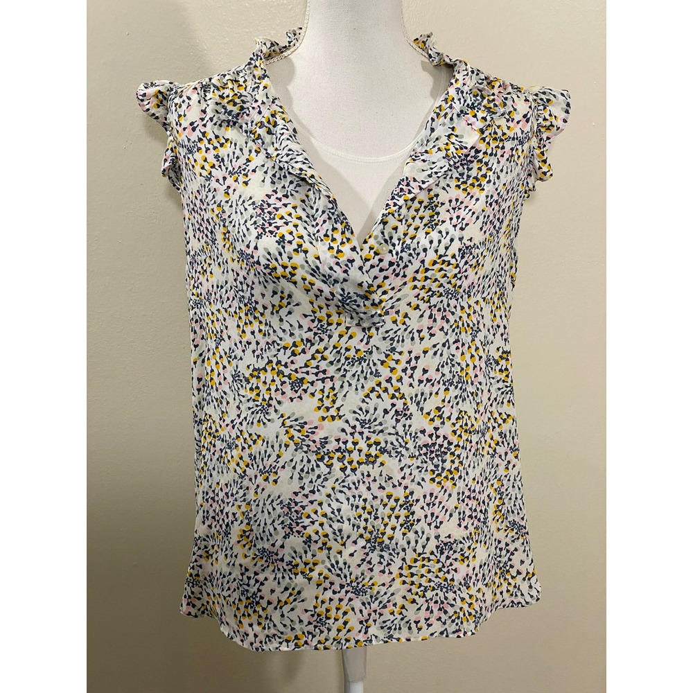 LOFT Womens White Floral Print Ruffle Neck Cap Sleeve Blouse Top Size M